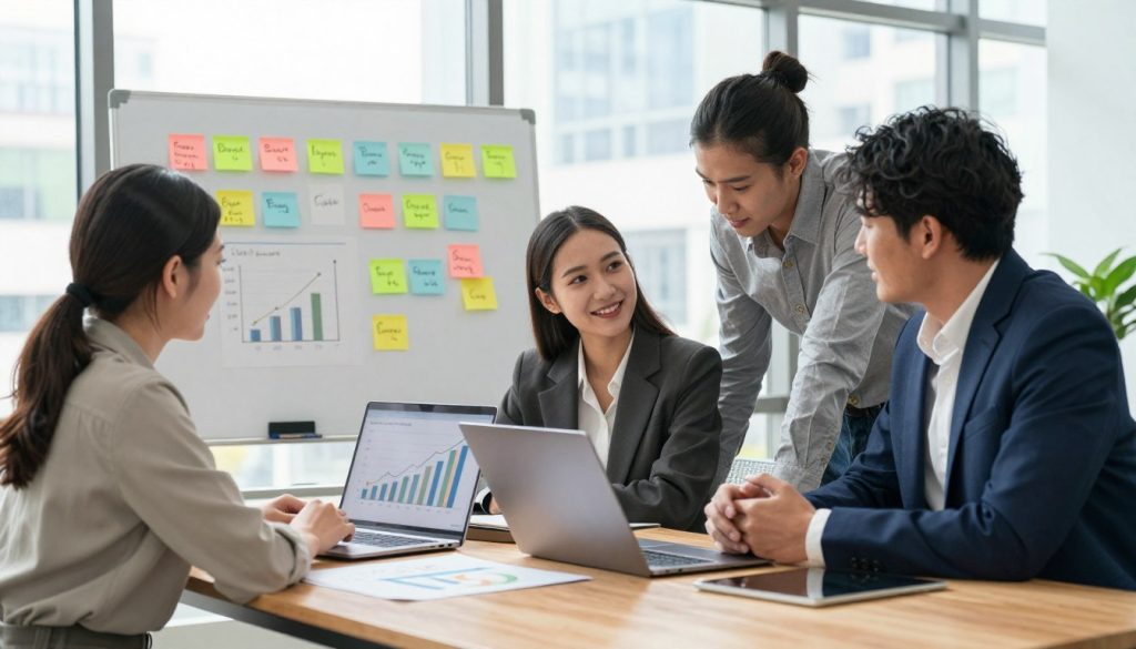 A bright, modern workspace featuring a diverse group of three professionals: a woman and two men, dressed in smart casual attire, discussing money-saving strategies. In the foreground, they are gathered around a stylish wooden table with a laptop open, graphs and charts displayed on the screen showing savings growth. The middle ground includes a whiteboard filled with colorful sticky notes outlining effective budgeting tips and financial goals. The background shows large windows with natural light flooding in, highlighting a cityscape. Soft, warm lighting creates a positive, motivating atmosphere. The image captures a sense of teamwork and innovation as they share ideas to save money quickly.