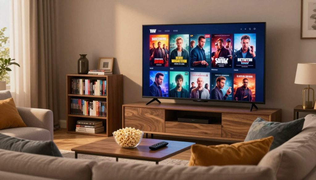 A cozy living room setup featuring a stylish modern TV displaying various popular TV show posters, showcasing an array of genres like drama, comedy, and thrillers. In the foreground, a plush sofa with colorful throw pillows invites viewers to relax. A coffee table adorned with popcorn and a remote control adds a homely touch. In the middle ground, a shelf filled with DVDs and books represents the diverse storytelling found in television. The background shows a softly lit room with warm ambient lighting, creating an inviting atmosphere. The scene is shot from a slight angle, emphasizing the TV screen while maintaining a comfortable and warm vibe, encouraging viewers to explore and enjoy the best TV shows of the year.