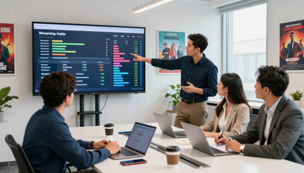 A modern office setting with a large digital screen displaying streaming charts and graphs analyzing popular shows. In the foreground, a diverse group of three professionals, wearing smart casual attire, are engaged in discussion. One is pointing at the screen, while another takes notes on a tablet, and the third gestures towards the data. The middle ground features a sleek conference table cluttered with smartphones, laptops, and coffee cups. In the background, there are colorful posters of trending streaming shows on the walls, softly lit by natural light coming through large windows. The atmosphere is collaborative and insightful, with a sense of urgency and focus on the current landscape of U.S. streaming habits. The image is captured with a wide-angle lens for a dynamic composition.