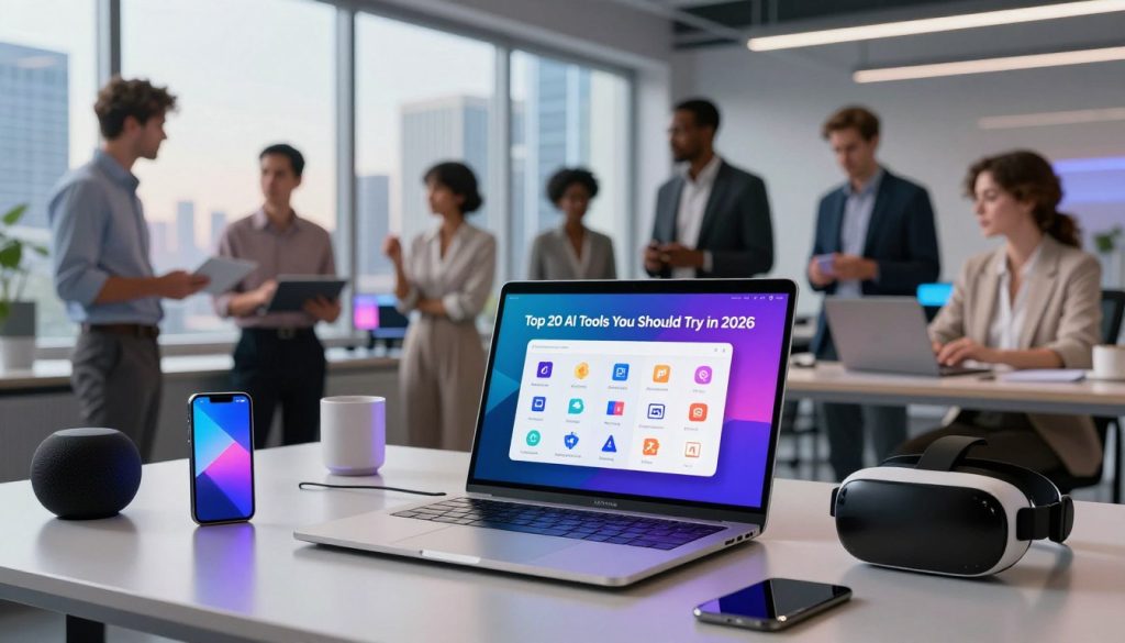 A modern, sleek workspace showcasing the "Top 20 AI Tools You Should Try in 2026." In the foreground, a high-tech laptop displaying a vibrant dashboard with colorful icons representing various AI tools. Surrounding the laptop are stylish gadgets like a smartphone, smart speakers, and VR headset. The middle ground features a diverse group of professionals dressed in business attire, actively discussing and interacting with the AI tools, embodying a collaborative atmosphere. In the background, large windows reveal a futuristic cityscape bathed in natural light, symbolizing innovation and growth. The overall mood is energetic and forward-thinking, illuminated by soft, ambient lighting that enhances the tech-savvy vibe, with a focus on creativity and discovery.