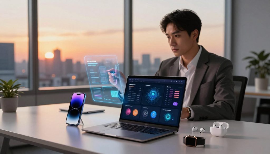 A modern workspace showcasing a collection of the latest tech gadgets and devices symbolizing the top tech announcements of 2026. In the foreground, a sleek laptop open to a dashboard of upcoming innovations, surrounded by a futuristic smartphone, wireless earbuds, and a smart watch. In the middle ground, a professional individual in business attire is analyzing the tech tools, with a focused expression, interacting with a holographic display of digital interfaces. The background features a large window with a city skyline, illuminated by the warm glow of the sunset, creating a vibrant yet serious atmosphere. Soft lighting highlights the gadgets and the professional's engagement, emphasizing the importance of staying updated in the rapidly evolving tech landscape.