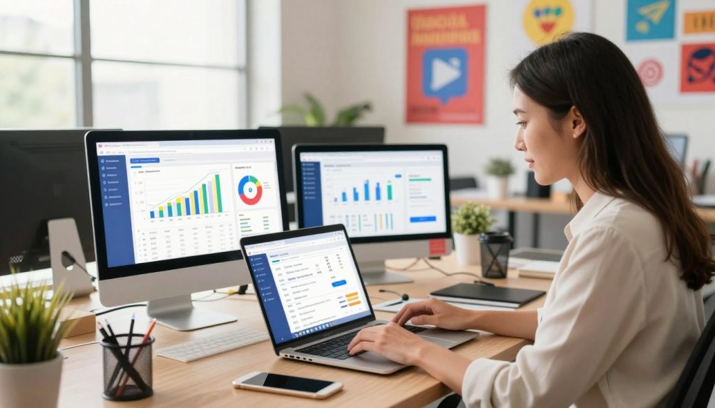 A professional, modern workspace filled with vibrant, eye-catching visuals representing social media engagement. In the foreground, a confident businesswoman dressed in smart casual attire analyzes her laptop, displaying an open Facebook page on the screen. In the middle ground, various digital tools and analytics charts are spread out, emphasizing optimization strategies like growth metrics and post scheduling. The background features a stylish office with bright natural light filtering through large windows, illuminating motivational posters and social media icons. The overall atmosphere is energetic and focused, fostering a sense of excitement about enhancing online presence. Use warm and engaging lighting to create an inviting and dynamic setting, captured from a slightly elevated angle to provide a comprehensive view of the workspace.