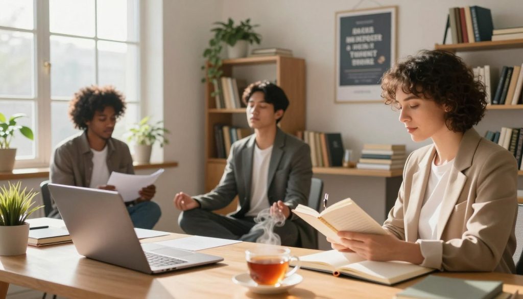 A serene home office setting bathed in warm morning light, glowing softly through large windows. In the foreground, a neatly organized desk with a laptop, a planner, and a cup of steaming tea, representing focus and productivity. In the middle, a diverse group of three individuals in professional attire—one brainstorming with notes, one meditating with closed eyes, and another journaling—highlighting various successful habits. The background features bookshelves filled with motivational books and indoor plants, creating a fresh, inspiring environment. A motivational poster hangs on the wall, subtly blending into the atmosphere. The overall mood is one of calm determination and positivity, inviting viewers into a space of growth and success.