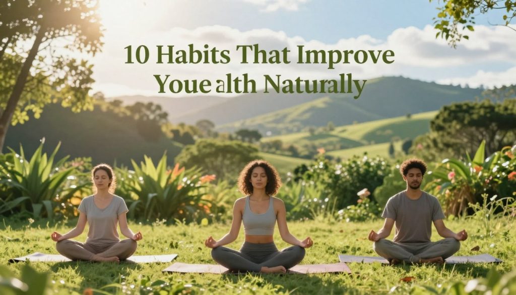 A serene wellness-themed image capturing the essence of "10 Habits That Improve Your Health Naturally." In the foreground, a diverse group of three individuals practicing mindfulness, yoga, and meditation on a soft grassy field, dressed in comfortable, modest clothing. The middle layer features a lush, green landscape with vibrant plants and trees, symbolizing natural health. Sunlight filters through the leaves, creating a warm, inviting glow that enhances the scene's tranquility. In the background, gentle rolling hills with a clear blue sky evoke a peaceful atmosphere. The image conveys a sense of harmony, balance, and well-being, emphasizing a holistic approach to health. Use a soft focus lens to create an ethereal feel, emphasizing the natural beauty and wellness theme.