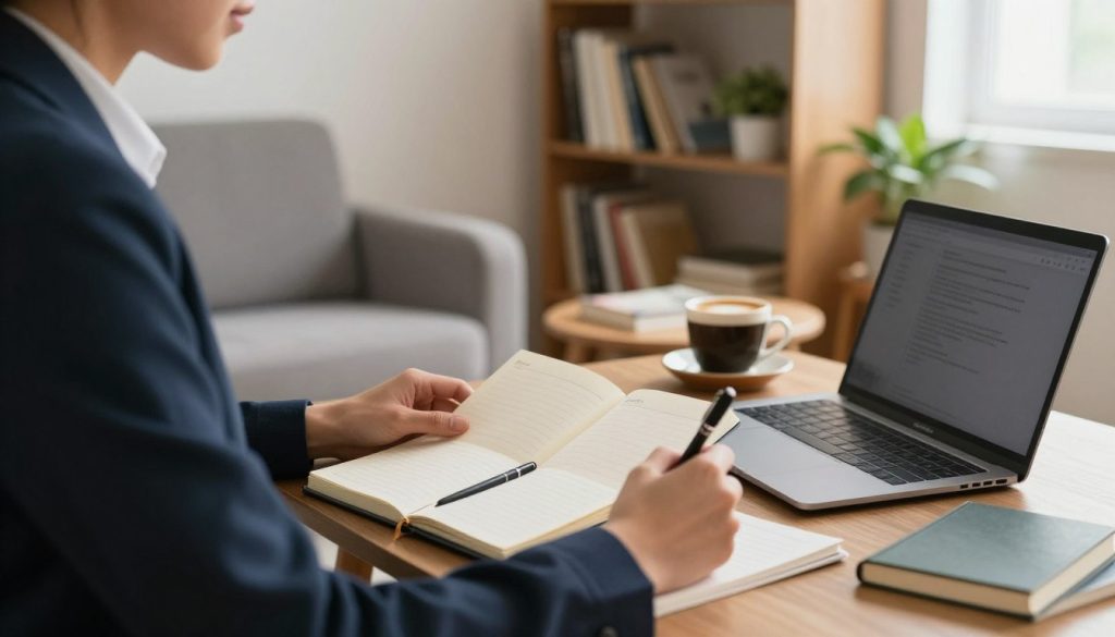 A tranquil workspace scene focused on an individual developing daily habits. In the foreground, a person dressed in professional business attire is thoughtfully journaling, surrounded by tools of productivity such as a planner, pens, and a laptop. In the middle ground, a cozy armchair and a small table with a cup of coffee signify comfort and mindfulness in routine-building. The background features a well-organized bookshelf filled with personal development books and plants, enhancing a serene atmosphere. Soft, natural light filters through a nearby window, casting gentle shadows and creating an inviting feel. The overall mood is calm, reflective, and inspiring, encapsulating the essence of habit formation and productivity enhancement. A tranquil workspace scene focused on an individual developing daily habits. In the foreground, a person dressed in professional business attire is thoughtfully journaling, surrounded by tools of productivity such as a planner, pens, and a laptop. In the middle ground, a cozy armchair and a small table with a cup of coffee signify comfort and mindfulness in routine-building. The background features a well-organized bookshelf filled with personal development books and plants, enhancing a serene atmosphere. Soft, natural light filters through a nearby window, casting gentle shadows and creating an inviting feel. The overall mood is calm, reflective, and inspiring, encapsulating the essence of habit formation and productivity enhancement.