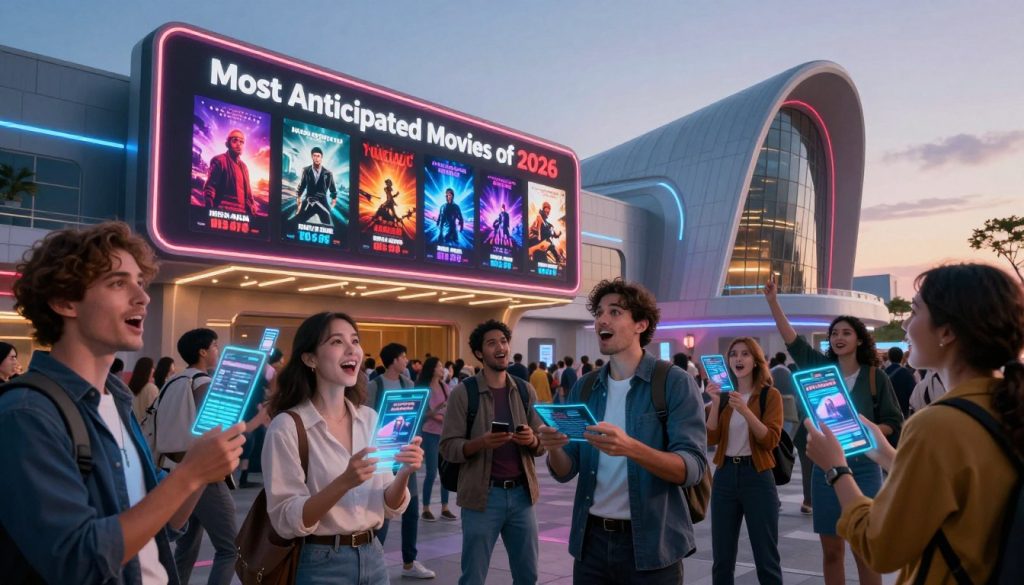 A vibrant and dynamic scene depicting a futuristic cinema showcasing the "Most Anticipated Movies of 2026". In the foreground, an excited crowd of diverse movie fans in professional and casual attire gather, eagerly discussing film trailers on holographic devices. The middle ground features a large, sleek movie marquee illuminated with colorful lights, displaying iconic movie posters and digital countdowns to release dates. In the background, a striking modern movie theater with an avant-garde architectural style stands under a twilight sky, casting soft glowing light. Enhanced with high-contrast lighting to highlight the excitement, shot from a slightly elevated angle to capture the bustling atmosphere. The mood is energetic and optimistic, inviting viewers to imagine the thrilling cinematic experiences ahead.