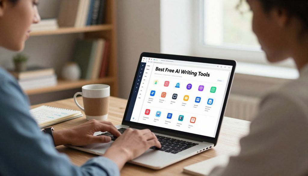 A vibrant and engaging workspace setup showcasing the "Best Free AI Writing Tools" concept. In the foreground, a sleek laptop open to a writing software interface, with colorful icons representing various AI writing tools. A professional individual of diverse descent, dressed in smart casual attire, is focused on the screen while typing. In the middle ground, a coffee cup and a notepad with scribbled notes suggest creativity and flow. The background features a well-organized bookshelf filled with books on content creation and technology, softly illuminated by warm, natural light coming through a window, creating a productive and inviting atmosphere. The overall mood is inspiring and dynamic, perfect for highlighting the selection of tools for effortless content creation.
