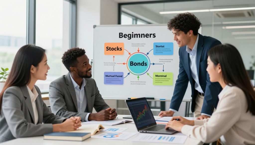 A vibrant and informative scene depicting the foundations of investing for beginners. In the foreground, a diverse group of three individuals (one Asian woman, one Black man, and one Hispanic woman) are gathered around a table filled with financial books, charts, and a laptop displaying investment graphs, all dressed in professional business attire. In the middle ground, a whiteboard with colorful diagrams illustrates key investment concepts like stocks, bonds, and mutual funds. The background features a modern, well-lit office environment with large windows, allowing natural light to flood the space, creating an optimistic and inviting atmosphere. The overall mood is educational and engaging, encouraging viewers to embark on their wealth journey.