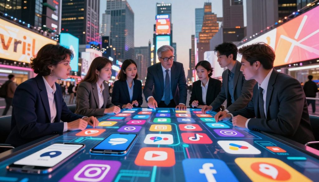 A vibrant digital collage representing the top 10 viral stories breaking the internet this week. In the foreground, feature iconic symbols of internet culture such as smartphones, trending social media icons, and dramatic, colorful graphic elements capturing the essence of virality. In the middle layer, include diverse professionals—dressed in smart business attire—gathering around a digital screen, discussing the latest trends with focused expressions. The background should depict a city skyline at dusk, illuminated by glowing billboards and a bustling atmosphere, evoking excitement and innovation. Use warm, dynamic lighting to enhance the mood, making the scene feel lively and engaging. The perspective should be slightly elevated, offering a broad view of the vibrant scene while keeping the focus on the professionals in the middle.