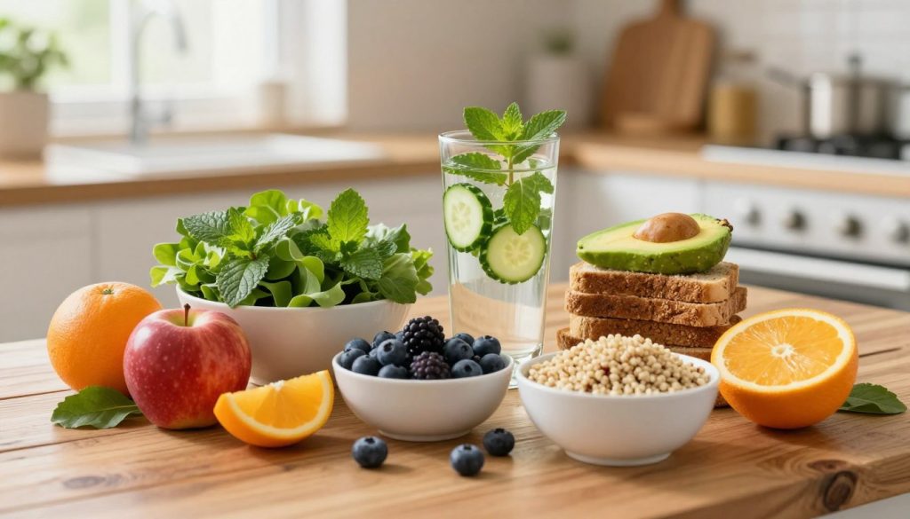 A vibrant, inviting display of effective weight loss foods arranged aesthetically on a rustic wooden table. In the foreground, a colorful assortment of fresh fruits like berries, apples, and citrus, alongside bowls of leafy greens and quinoa. The middle ground features a sleek glass of infused water with cucumber and mint, with a small stack of whole grain toast topped with avocado. The background is a softly blurred kitchen setting with warm, natural light streaming through a window, enhancing the freshness of the foods. The atmosphere is healthy and motivational, evoking a sense of wellness and vitality, perfect for illustrating the concept of effective weight loss foods.
