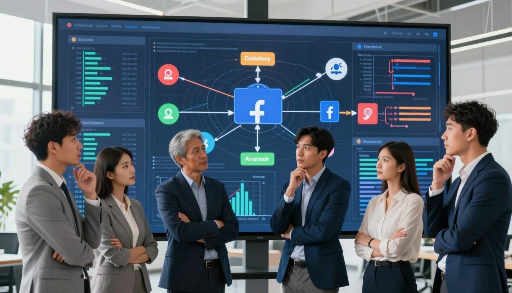 A visually engaging and informative scene depicting the concept of understanding the Facebook algorithm. In the foreground, include a diverse group of professionals (two men and two women) in smart business attire, gathered around a large digital screen displaying complex data visuals, graphs, and algorithmic flowcharts. The middle layer features abstract representations of data flow, symbolizing connectivity and information exchange, with vibrant colors illustrating engagement and analytical processes. The background showcases a modern office environment with bright, natural lighting filtering through large windows, promoting a feeling of innovation and collaboration. Capture a mood of curiosity and focus, with the professionals appearing deep in thought and discussion, highlighting the importance of deciphering the intricacies of digital algorithms.